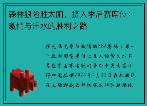森林狼险胜太阳，挤入季后赛席位：激情与汗水的胜利之路